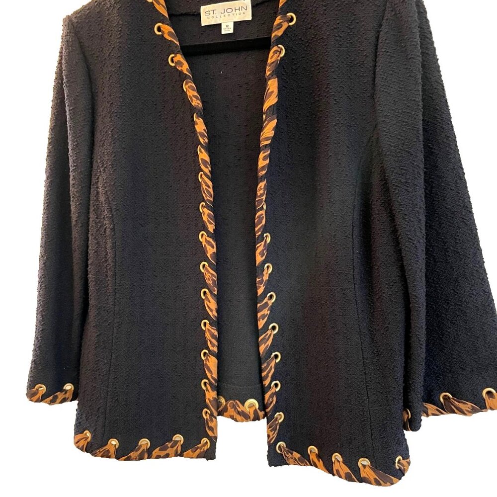 ST. JOHN COLLECTION Santana Jacket Silk Chiffon Leopard Trim Goldtone Grommets